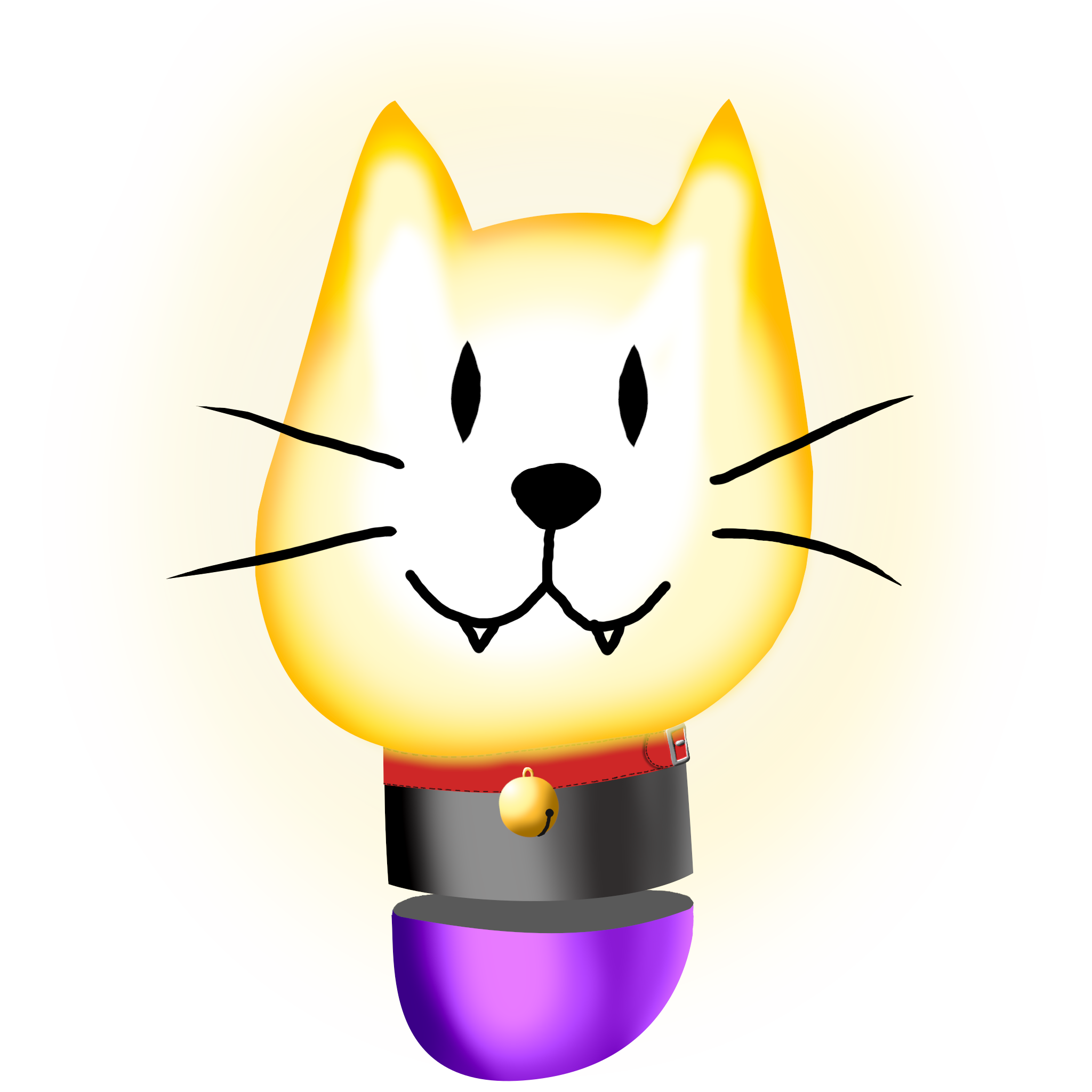 A stylized drawing of a catbulb; a warmly glowing yellow lightbulb in the simplified shape of a cat's face with triangular ears, tall almond-shaped pupils, a black nose and whiskers, with teeth barely protruding from the snout. The screw consists of a black cylinder - around which is a red leather collar, with a golden spherical bell hanging off of it - and a purple hemisphere.